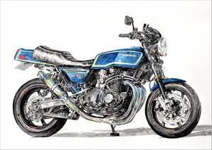 Ａ４プリントです　カワサキ　KZ1000ＭｋⅡ　水彩画　バイクイラスト　　　