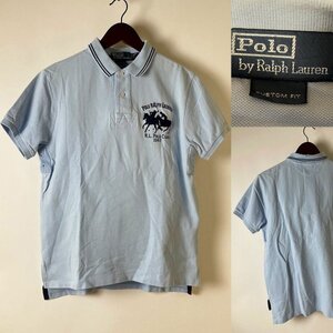 ★スリランカ製★POLO by RALPH LAUREN ポロ ラルフローレン コットン100％ R.L. POLO CLUB 鹿の子 ライン ポロシャツ 半袖 L ライトブルー