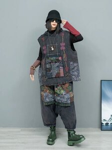 gl フードベスト＆ ズボン 2点セット 洋服ミックス アンティーク風 ロマンファッション 縫い合わせ 綿入り 麻綿 手作り バッチ 手芸 刺し子