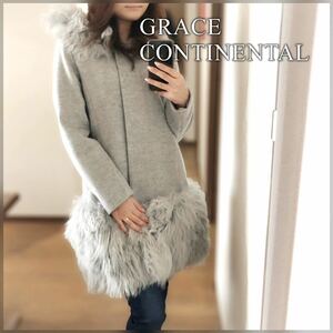 GRACE CONTINENTAL◆ファー付フードジャケット ミドル丈 グレー グレース コンチネンタル ラムファー ライダース コート ミディアム丈 美品