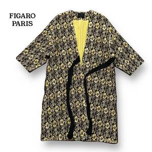 美品 FIGARO PARIS フィガロ ノーカラー コート ガウン 豪華 黒 金 銀 刺繍 ブラック ゴールド シルバー アウター 日本製