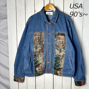 USA古着 90s～ ゴブラン織り切替え デニムジャケット L～XL オールド ヴィンテージ アメリカ古着 薄手 ライトアウター ●103