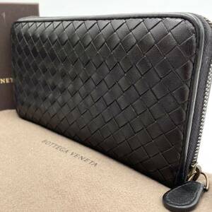 1円●美品●BOTTEGA VENETA ボッテガ ヴェネタ 長財布 ラウンドファスナー ウォレット イントレチャート レザー 本革 箱付属 黒 ブラック