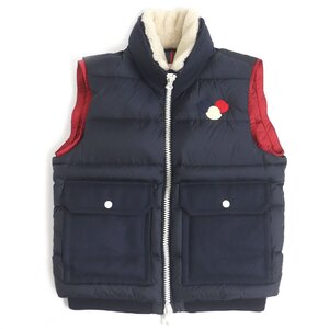 極美品 MONCLER モンクレール AUBE GILET ロゴワッペン 襟元ムートン ダブルジップ ジレ ダウンベスト ネイビー 2 正規品 メンズ