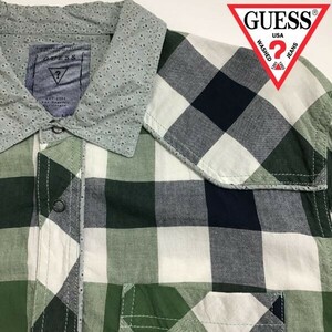 ★状態良好!!★正規品★【GUESS ゲス】BOXチェック×リバティー柄 長袖 ウエスタンシャツ[メンズ M]青 緑 リバイバル レトロ 人気 K-416