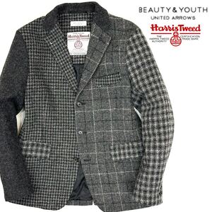 美品!!BEAUTY&YOUTH UNITEDARROWS Harris Tweed ハリスツイードタイトシルエット 3B テーラード ジャケット(S)メンズ ブルゾン テーラード