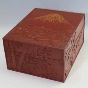 富士山彫刻 朱色 漆塗り 文箱 硯箱 書道具 縁起物◆886f22