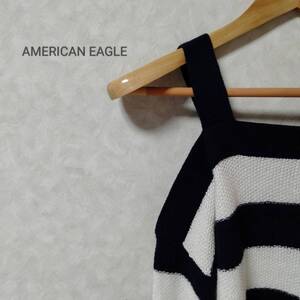 American Eagle アメリカンイーグル オフショルダー ボーダー ニット トップス ショート丈 長袖 ブラック×ホワイト サイズXS SJ130