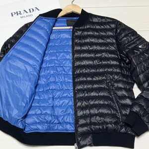 未使用級/XLサイズ●PRADA プラダ ダウンジャケット 三角ロゴプレート 光沢 ブラック ブルー ホワイトグース 軽量 ブルゾン メンズ 秋冬