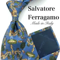 【美品】Salvatore Ferragamo ネクタイ ブルー 総柄 貴族 青