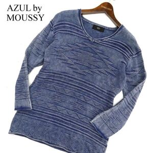 AZUL by MOUSSY アズール マウジー ウォッシュ加工★ インディゴ チマヨ ニット 七分袖 プルオーバー セーター Sz.S　メンズ　C3T09704_A#L