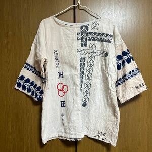 17送料込●ハンドメイド　綿　柿渋染　チュニック●手拭　ドロップショルダー　昭和レトロ