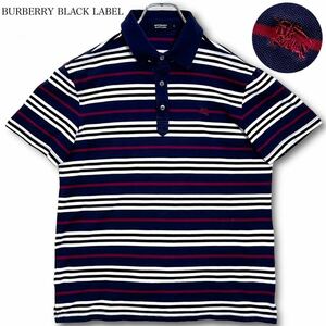 Lサイズ★ BURBERRY BLACK LABEL バーバリーブラックレーベル ポロシャツ トップス ボーダー ノバチェック ホースロゴ 三陽商会 ネイビー