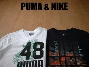 即戦力2着セットPUMA & NIKEグラフィックプリントTシャツ美品S正規プーマ白ホワイト&ナイキ黒ブラックTHE TEEカマボコSPORTSWEARスウッシュ