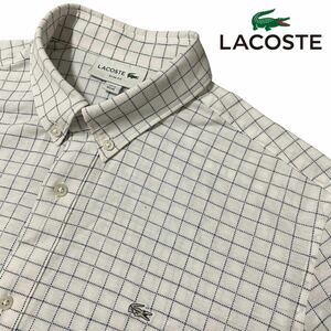 美品◎希少!!銀ワニ●L相当【LACOSTE】白/爽やかブルー/ウィンドウペン柄 半袖BDシャツ 極上コットン 表記4 ラコステ 良品◎