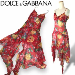 p176 良品 DOLCE&GABBANA ドルチェ&ガッバーナ シルク 花柄 ワンピース ドレス フラワー キャミワンピ 24/38 silk100% イタリア製 正規品