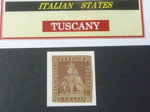 24　M　№20　イタリア切手 TUSCANY　1851-52年　SC#4　1cr　透かし有　未使用OH　【近年版SC評価 $8,800】　※説明欄必読