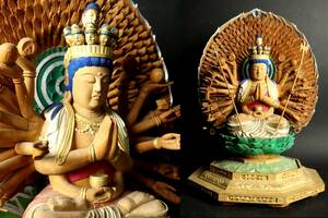 仏教美術 木彫彩色 千手観音菩薩坐像 38cm 極細密彫刻 時代古玩 [Y89うわ]