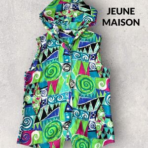 JEUNE MAISON 柄物　シフォンブラウス　ノースリーブ　フード付き　古着 総柄　シフォン