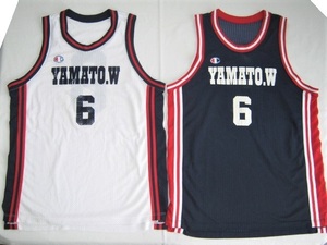 ★古着 champion チャンピオン BASKETBALL バスケットボール メッシュ生地 ユニフォーム タンクトップ O(LL) 白 紺 YAMATO.W ♯6 日本製★