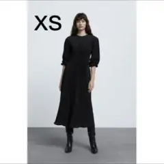 ZARA プリーツ　シャーリング　ロング　ワンピース　XS 黒