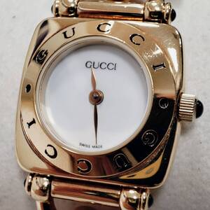 電池交換済★美品★GUCCI グッチ 6300L ホースビット ピンクベルト QZ稼働 白文字盤 レディース腕時計