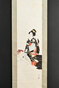 K4068 真作 稲垣晴雪「美人図」絹本 共箱 肉筆上村松園 橋本関雪師事 人物画 着物美人 日本画 中国 書画 絵画 掛軸 掛け軸 古美術 愛知の人