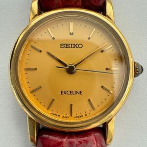 ★1円スタート★SEIKO セイコー EXCELINE エクセリーヌ レディース 腕時計 2J41-0020 クォーツ 不動 18KT レザーベルト ゴールド文字盤