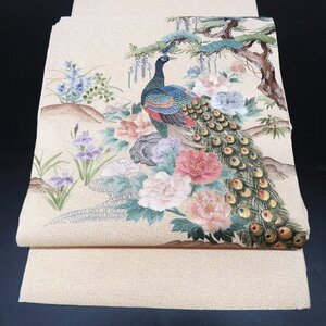 ★きもの北條★ 蘇州刺繍　中国刺繍　花鳥の図　孔雀　仕立て上がり　お太鼓柄　中古　正絹　袋帯　T739-19