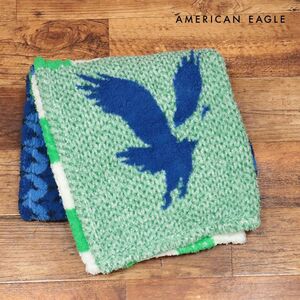 1円/AMERICAN EAGLE/フリース ブランケット 9925-2025 ロゴ＆幾何学 遊び心 防寒 ふわもこ アウトドア キャンプ 新品/緑×青/ih223/