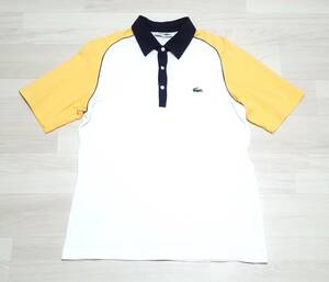 ☆LACOSTE　☆ラコステ　☆ラグラン袖　☆鹿の子ポロシャツ　☆半袖ポロシャツ　☆白×黄色×紺　☆メンズ　☆Mサイズ相当　