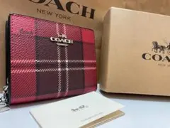 31 新品未使用 coach コーチ 二つ折り ミニ財布 赤チェック