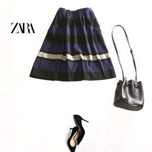 美品 ZARA BASIC ザラ ベーシック 合物 ミモレ丈 3色 ボーダー柄 ギャザー フレアスカート S ネイビー 紺 ブラック 黒 グレー モロッコ製