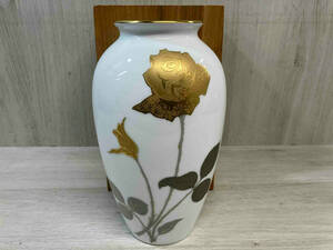 大倉陶園 花瓶 金蝕バラ ホワイト 箱付き 23cm 金くさらし OKURA