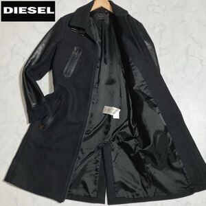 極美品/L相当◎DIESEL ディーゼル ヤギ革 本革 ロングコート チェスター ステンカラー ウール ゴートレザー 切替 ブラック 黒 Wジップ 