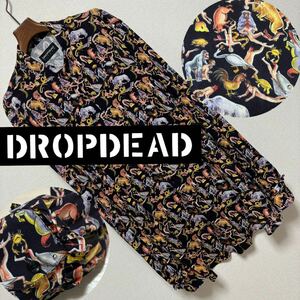 DROPDEAD■アニマル 殺戮 タトゥー柄 袖フリル バンドカラー シャツ L ブラック ロング丈 ビッグシルエット スタンドカラー サタンクロス