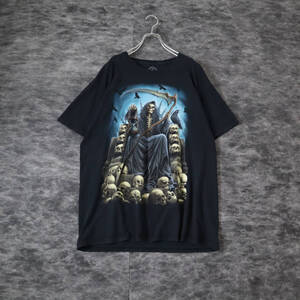 T200 DOM 髑髏 Grim Reaper Print Funky Black Tee 死神 鎌 スカル プリント クルーネック Tシャツ 黒 ブラック L