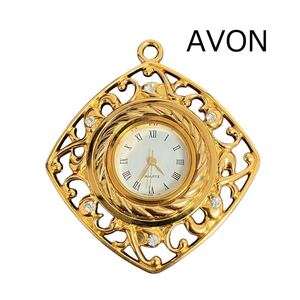 ★ 美品 AVON エイボン 懐中時計 ペンダント キーホルダー ゴールド ラインストーン アンティーク ヴィンテージ アナログ クォーツ 3針 