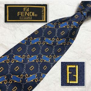 ■美品■FENDI フェンディ　ネクタイ　FF柄　格子　チェーン　金具　総柄　シルク100% イタリア製　ブルー系　ビジネス