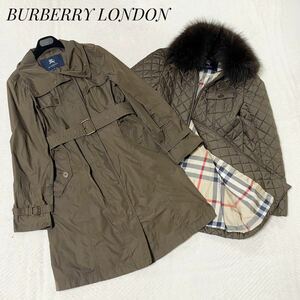 大きいサイズ*BURBERRY LONDON バーバリーロンドン トレンチコート キルティングコート ノバチェック 40 L相当 フォックスファー ダウン