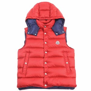 美品○モンクレール BILLECART GILET ロゴワッペン付き スタンドカラー フード付き ドローコード ダウンベスト 赤 紺 3 正規品 メンズ