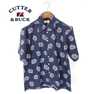 A6558/美品 春夏 CUTTER&BUCK カッター&バック コットン ボタニカル柄 花柄 総柄 半袖 カジュアル サマー アロハシャツ L 紺/メンズ 日登美