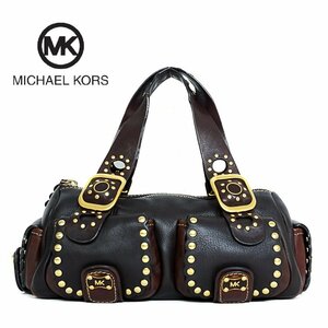 【1円】マイケルコース Michael Kors スタッズ付き セミショルダーバッグ ハンドバッグ ゴールドスタッズ バレルバッグ レザー ブラウン