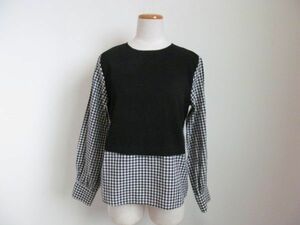 (57574)ZARA　レディース　レイヤード風　プルオーバー　異素材　シャツ　チェック　長袖　ブラック×ホワイト　EUR/XS　USED