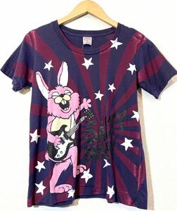 RNA☆Tシャツ☆ロックプリント☆ウサギ☆ギター弾き☆ラバー☆バックプリント☆エイジング加工☆アールエヌエー☆パープル☆紫