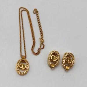 Christian Dior クリスチャン ディオール ネックレス イヤリング 2点セット CDロゴ ラインストーン ゴールド アクセサリー P117