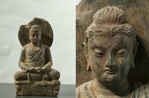 ■観心・時代旧蔵■C8622クシャーン朝時代 仏教古美術・ 時代古仏 ガンダーラ石仏 灰色片岩石彫 ガンダーラ