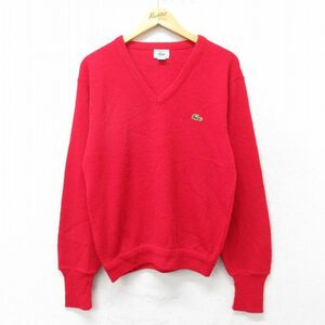 L/古着 ラコステ LACOSTE IZOD 長袖 ブランド セーター メンズ 90s ワンポイントロゴ アクリル Vネック 赤 レッド 23dec06 中古 ニット 2OF