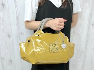 極美品 LOEWE ロエベ アナグラム ナッパアイレ ハンドバッグ バッグ パテントレザー×レザー カーキ系×グレー 77356Y