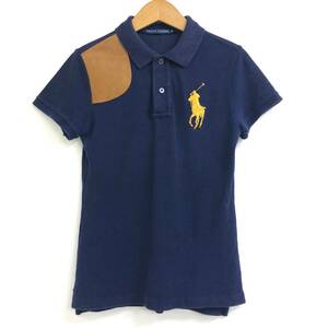 □Ralph Lauren 半袖ポロシャツ M 紺 ラルフローレン レディース ビッグポニー ショルダーレザーパッチ ウール混 複数落札同梱OK 240712-5